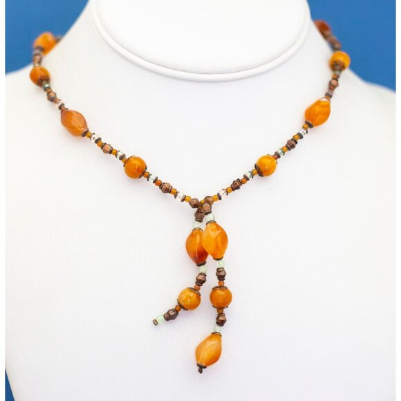 18 inch, Vintage Beaded Orange Beads Bohemian Hippie Necklace - D11 - Picture 2 of 3